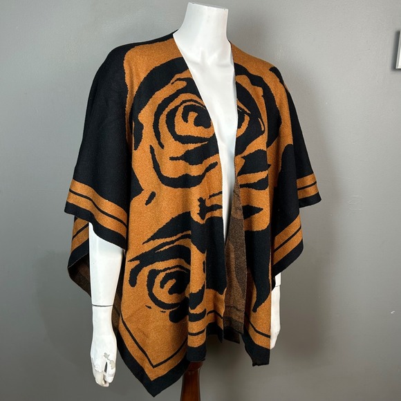 MING WANG Sweater Poncho Wrap one size Floral Brown NWT Oversized Artsy Boho - Picture 1 of 7